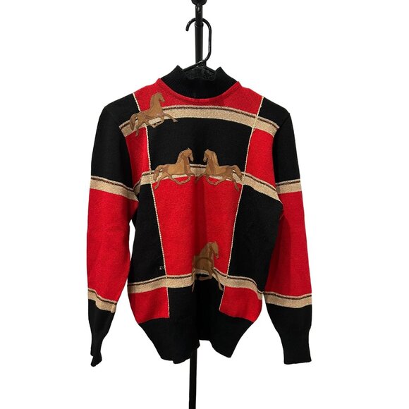 Vintage 90s Equestrian Sweater Horse Motif Red Black Gold Mock Neck Sz M - Picture 1 of 7